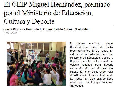 CEIP Miguel Hernández premiado por el Ministerio